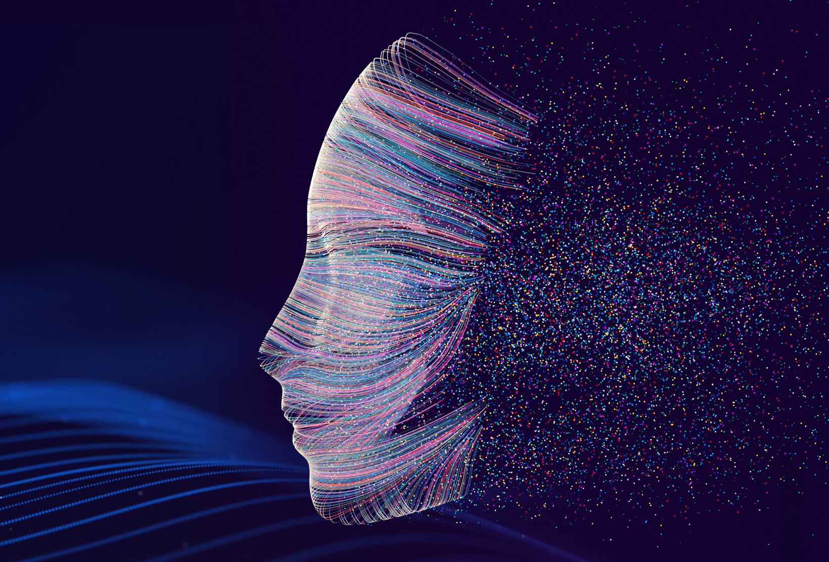Image of an AI-generated facial profile, disintegrating into pixels